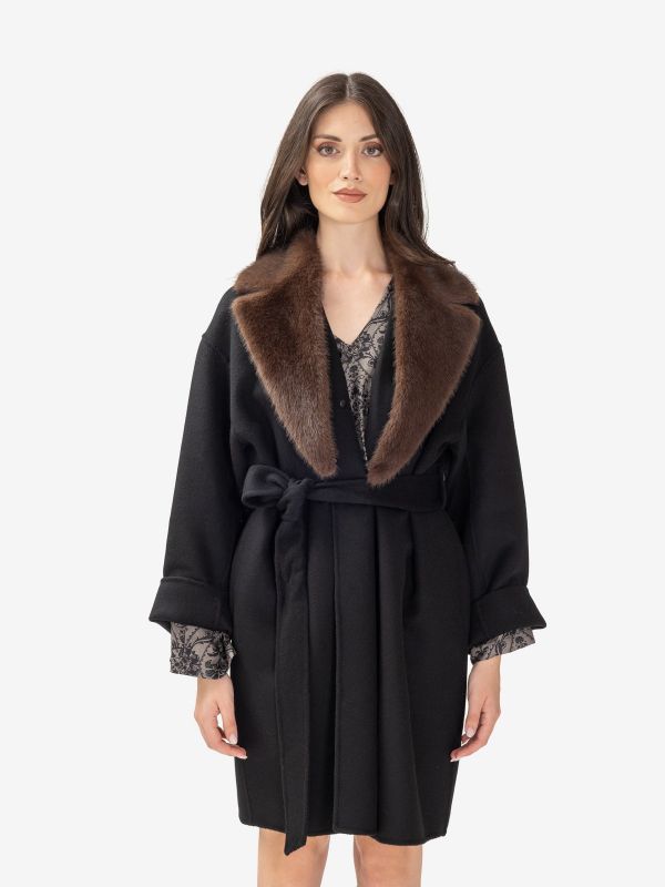 P.A.R.O.S.H. Cappotto lana con cintura + collo ecopelliccia Nero