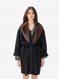 P.A.R.O.S.H. Cappotto lana con cintura + collo ecopelliccia Nero