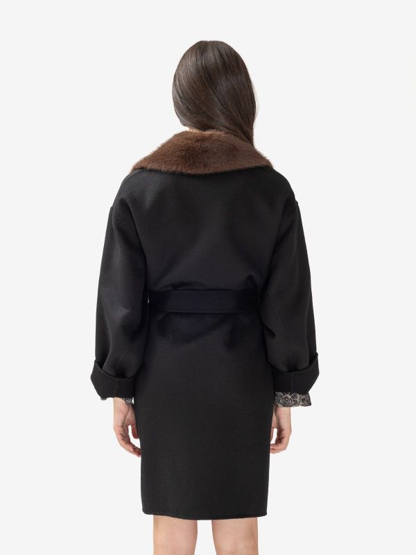 P.A.R.O.S.H. Cappotto lana con cintura + collo ecopelliccia Nero