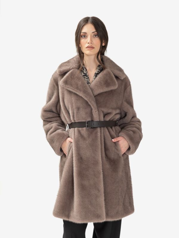 P.A.R.O.S.H. Ecopellicciotto lungo con cintura Tortora