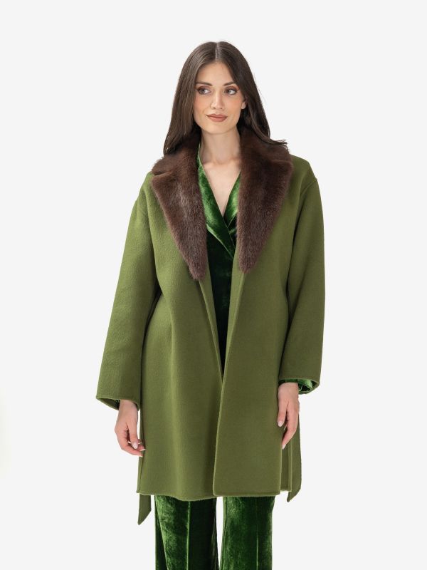 P.A.R.O.S.H. Cappotto lana con cintura + collo ecopelliccia Verde