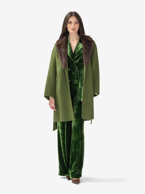 P.A.R.O.S.H. Cappotto lana con cintura + collo ecopelliccia Verde