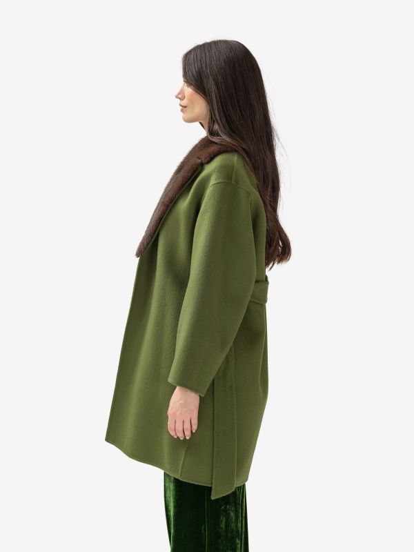 P.A.R.O.S.H. Cappotto lana con cintura + collo ecopelliccia Verde