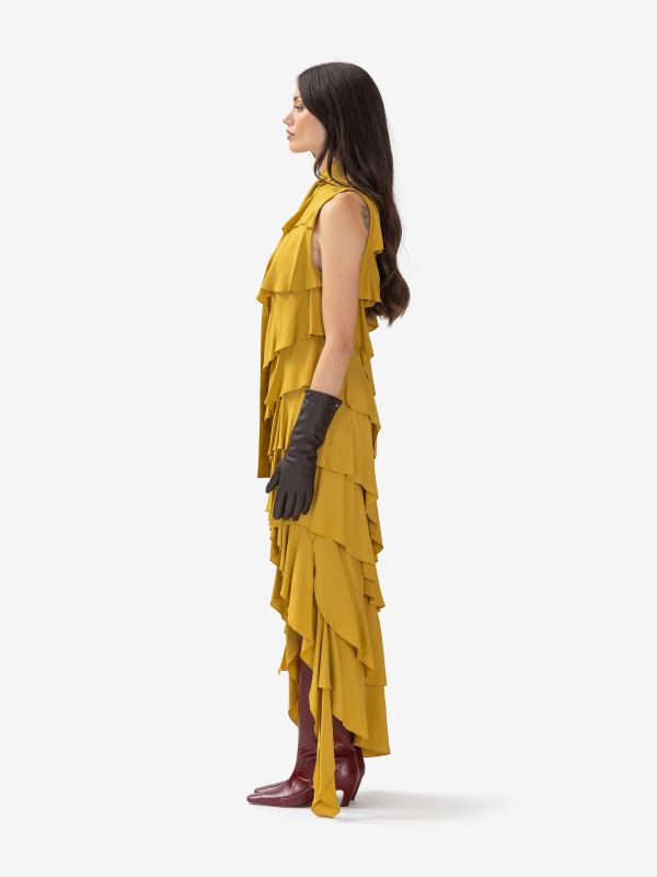 ERIKA CAVALLINI Abito lungo seta con rouches smanicato Giallo