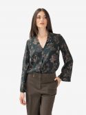 MOMONI' Blusa m/l seta scollo a v fondo nero con fiori bianchi 