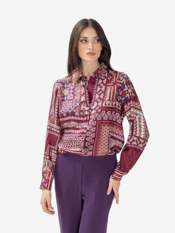 MOMONI' Camicia m/l seta fantasia panna/bluette 
