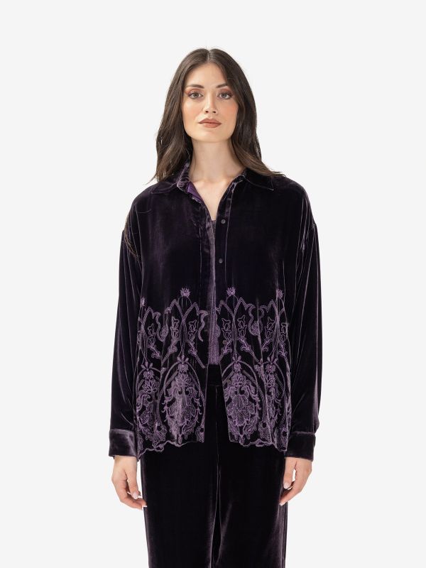 MOMONI' Camicia velluto + ricami Viola