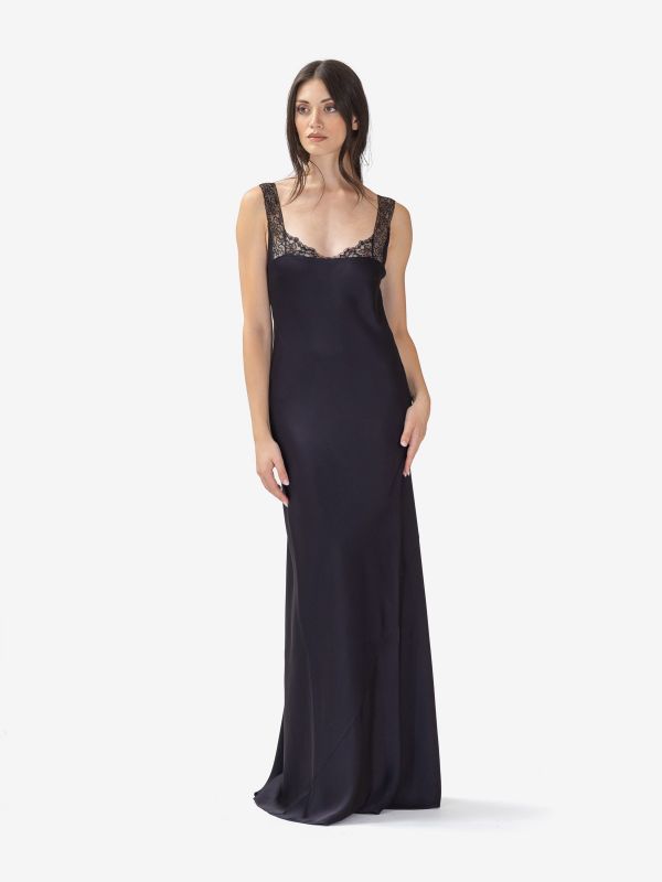 FORTE FORTE Abito lungo satin con bretelle in pizzo Blu