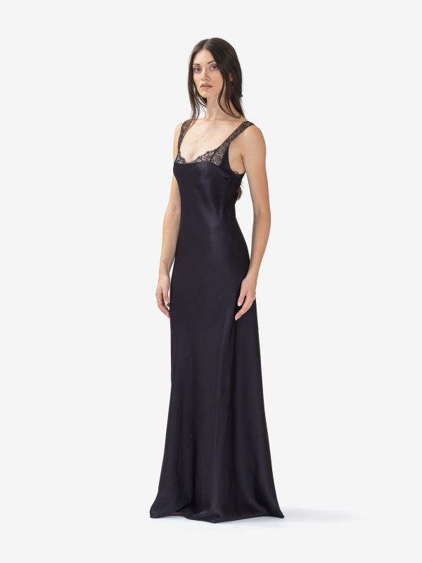 FORTE FORTE Abito lungo satin con bretelle in pizzo Blu
