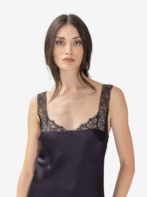 FORTE FORTE Abito lungo satin con bretelle in pizzo Blu