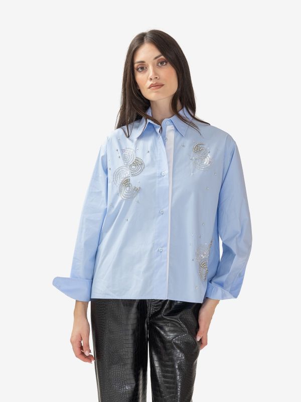 DES PHEMMES Camicia cotone m/l con applicazioni Celeste