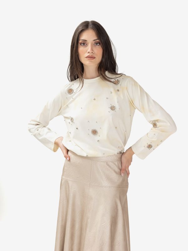 DES PHEMMES Long sleeve jersey sfumata con strass Panna