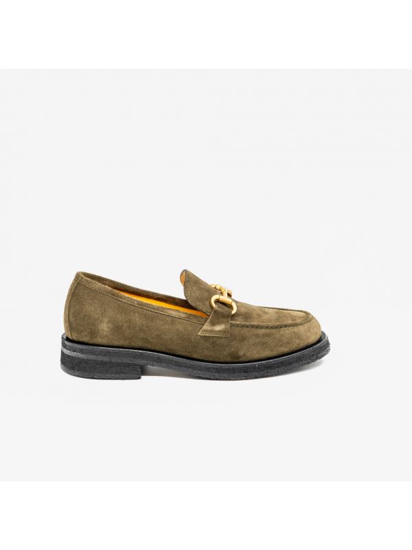 MARA BINI Mocassino camoscio verde fondo gomma con morsetto oro MARA BINI Mocassino camoscio verde fondo gomma con morsetto oro