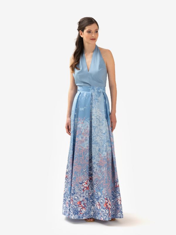 NICOLA D'ERRICO Gonna lunga fantasia satin celeste  NICOLA D'ERRICO Gonna lunga fantasia satin celeste
