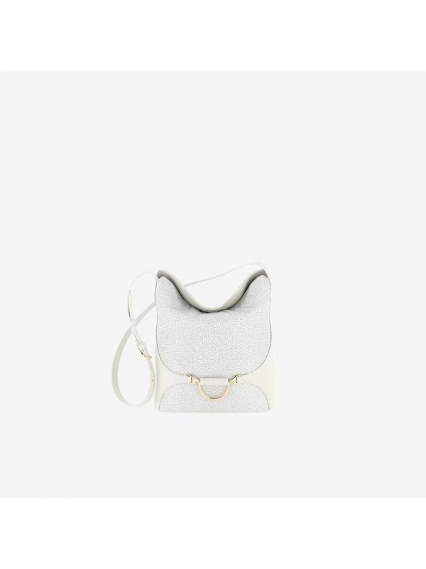 BORBONESE Borsa secchiello medium nylon ghiaccio + pelle bianca Bianco