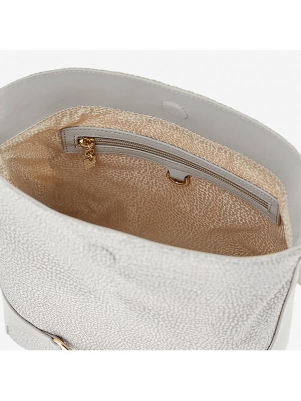 BORBONESE Borsa secchiello medium nylon ghiaccio + pelle bianca Bianco